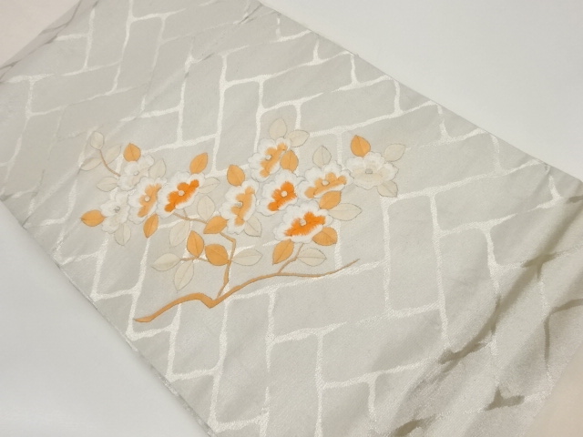 リサイクル　桧垣に枝・花葉模様刺繍名古屋帯